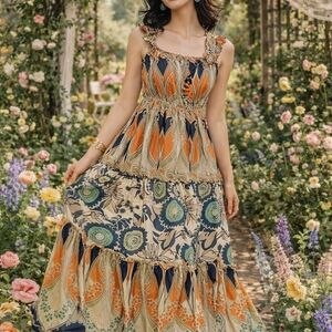 Trinity 100% Silk Peacock Print Maxi Dress Empire Waist Scalloped Hem